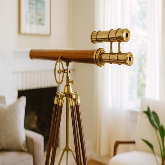 Brass Telescope On Wooden Tripod Unique Nautical Gift 99.06 Cm  Floor Decor for Him or Her