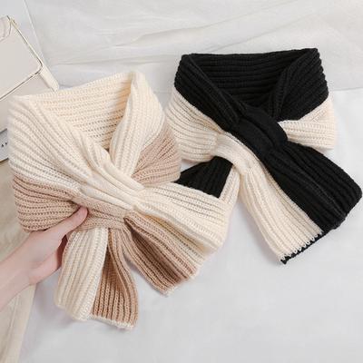 Short Women'S Autumn/Winter Cross Knitted Scarf Korean Edition Color Blocked Versatile Winter Warmth Lazy Neck Protection