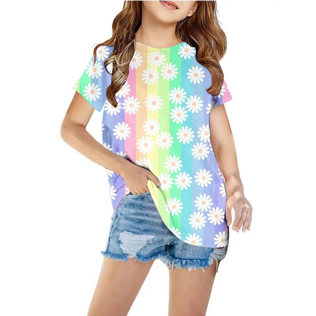 Kids T-shirts Summer Children's Clothing Flower Digital Print Girls' Round Neck Short Sleeved T-shirt