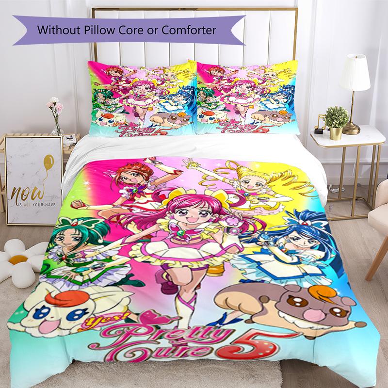 3pcs Pretty Cure2 Design Cover Set - HD Printed Bedding with 1 Cover and 2 Pillowcases - Perfect for Home and Dorm Decor