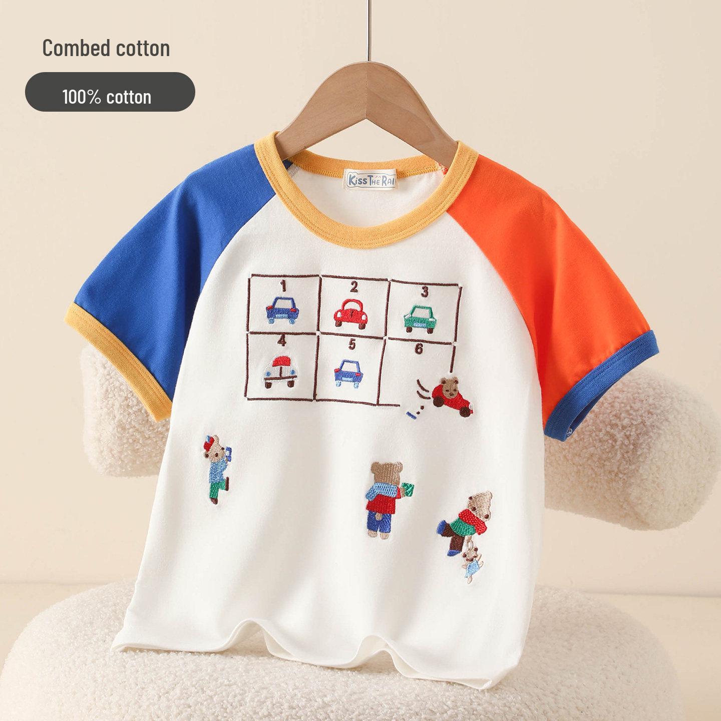 Boys Cartoon Raglan Short-Sleeve T-Shirt - Round Neck Cotton Summer Top Size 90