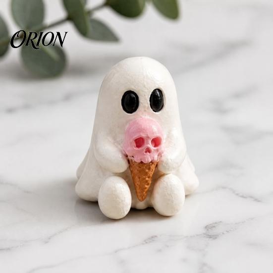 Halloween Ghost Ornaments Mini Decorative Figurine, 3D Printed White Statue with Portable Figurines Pink Skull Ice Cream, Cute Desktop Ornament