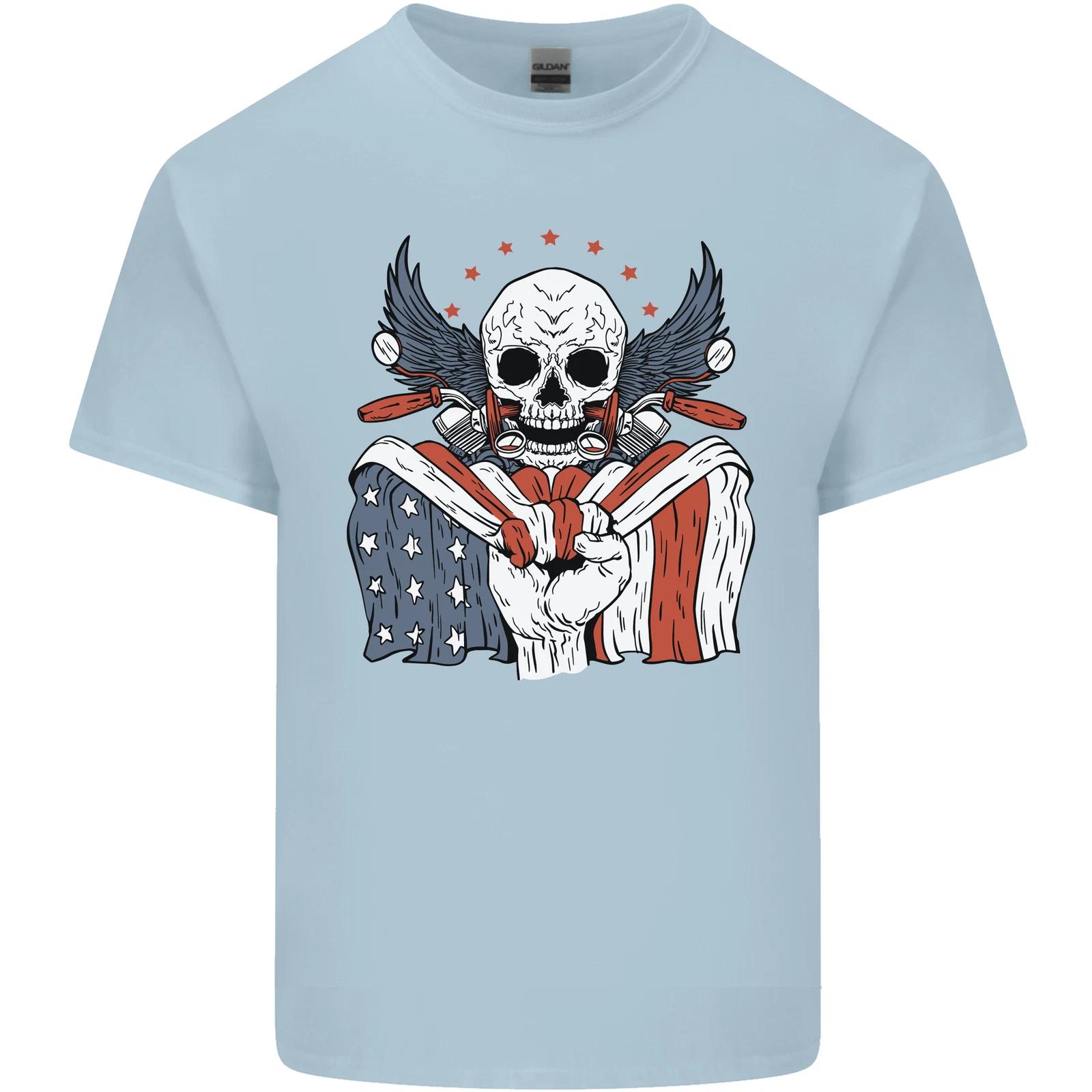 USA Biker Skull Motorcycle Motorbike Flag Kids T-Shirt Childrens S