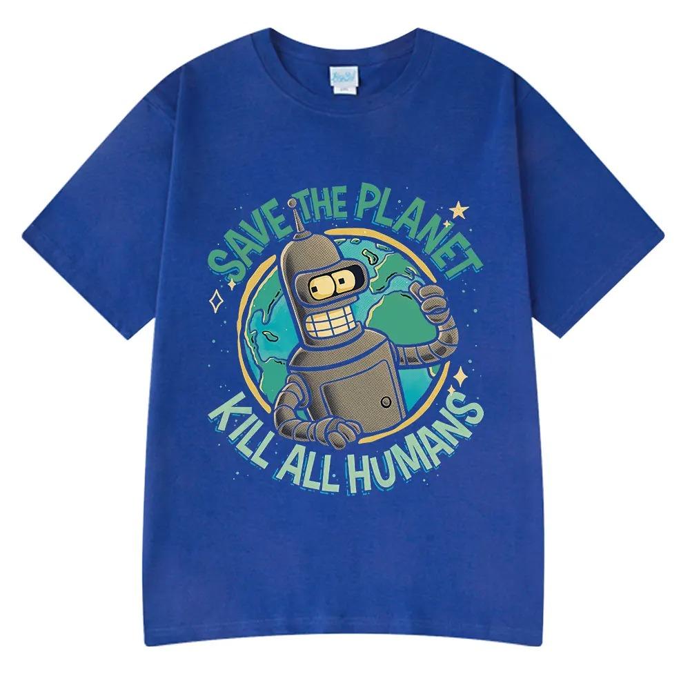 Nuevas Camisetas Divertidas de Moda Caliente Salva el Planeta Mata a Todos los Humanos Estampado de Robot para Hombre y Mujer Manga Corta Algodón Oversize