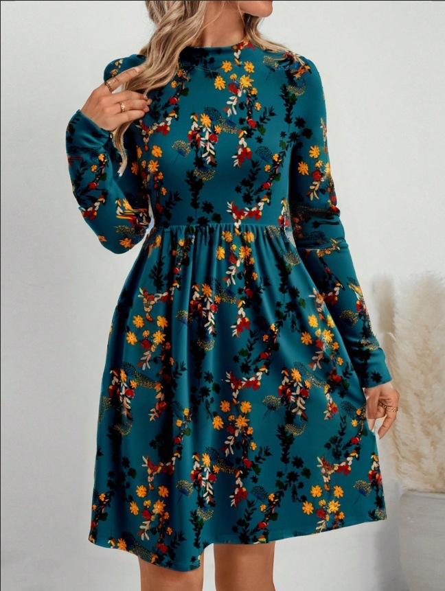 Autumn and winter new casual fashion floral printing long-sleeved stand-up collar dress women's clothing