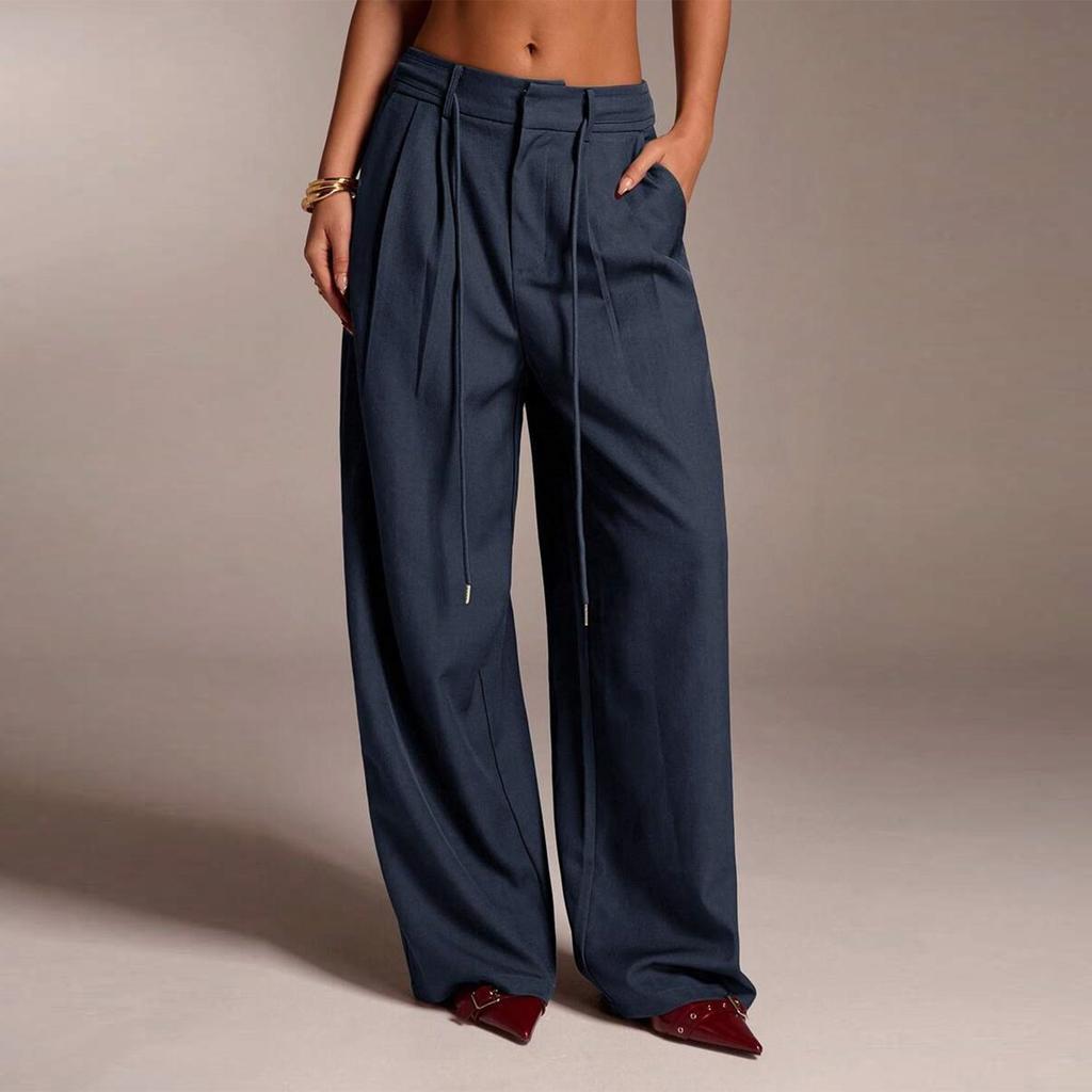 Women's Ffashionable Color Pocket Tie Loose Casual Suit Pants Commuting Straight Leg Casual Pants