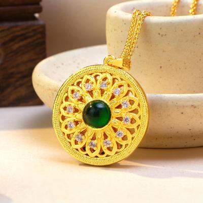Sand Gold Sunflower Pendant with Rhinestones & Green Stone - Versatile Retro Clavicle Chain