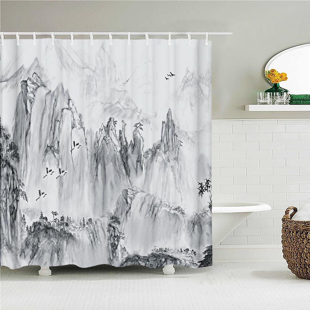 Chinese Style Flowers Bird Scenery Waterproof Shower Curtain Bath Curtains 3d Printing Bathroom with Hooks Washable Cloth Screen