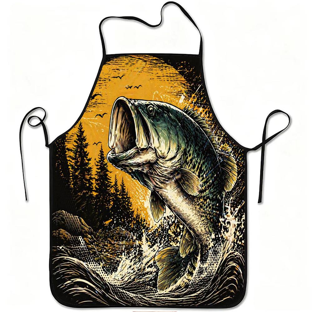 1pc Jumping Bass Fish Art Print Apron, Durable and Easy to Clean, Adjustable Waistband, Polyester Material, for Kitchen Cooking,