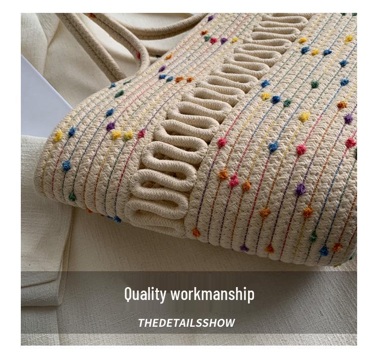 Retro Style Women's Color Block Large Cotton Rope Woven Beach Bag