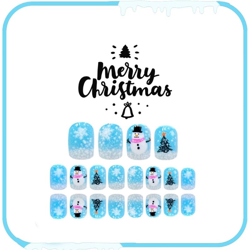 Pack of 24 Christmas Snowman Snowflake Blue Press On Nail ABS Build False Nail for Holiday Parties and Daily Wear