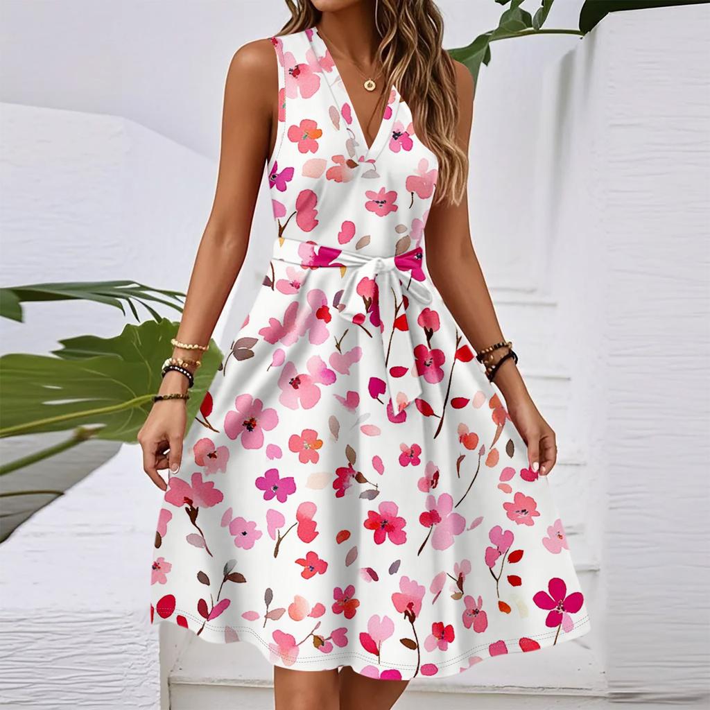 Women's Spring And Summer Casual V-Neck Sleeveless Waist Floral Print Midi Dress