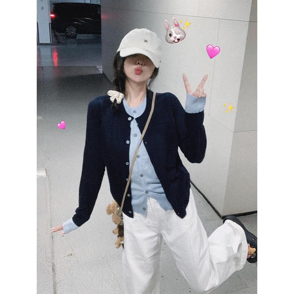 Wear Fake Two-piece Contrasting Color Knitted Cardigan Jacket In Early Autumn, Women's Spring and Autumn Single-breasted Top, Age-reducing Sweater