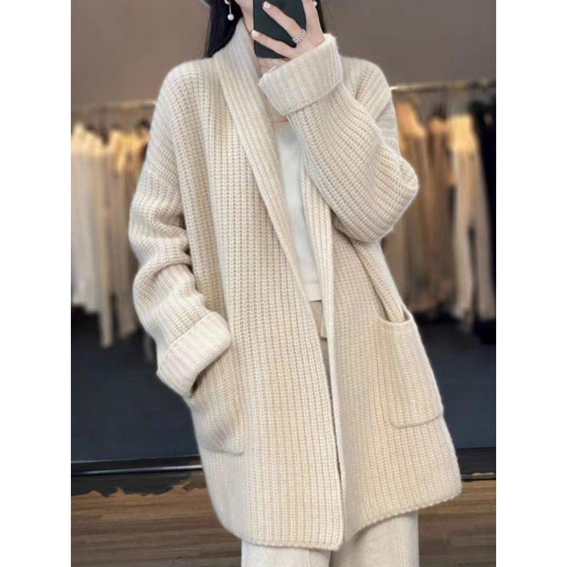 K-style Autumn and Winter Lazy Style Fashion Loose Temperament Mid Length Long Length Casual Knitting Cardigan Sweater Outwear Sweater