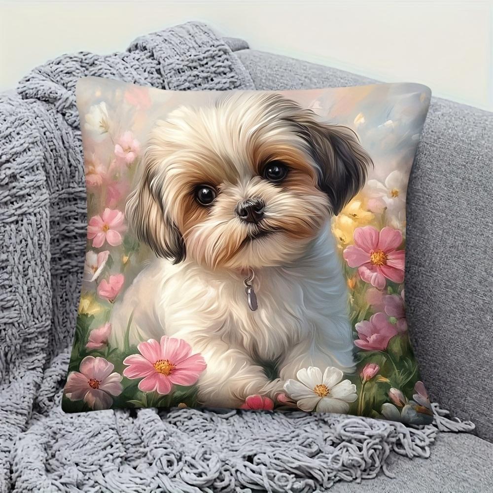 Pandara Jewelry Unisex 1Pc Shih Tzu Dog In Flowers Cute Printed Throw Pillow Cover,Suitable For Sofa, Bedroom, Living Room,Healing Gift For Dog Lovers.