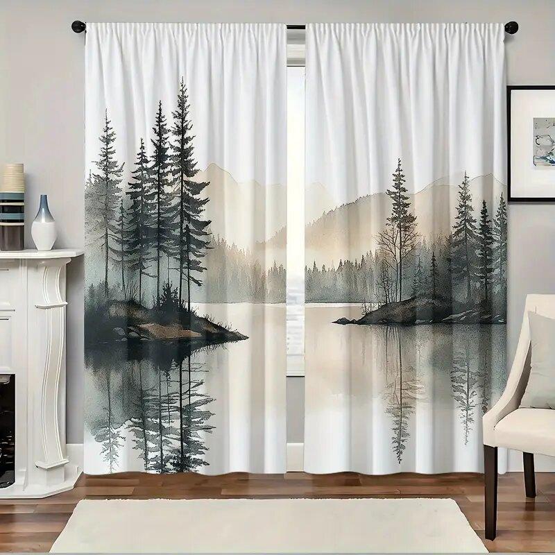 2 Stück - Vorhänge mit Aufdruck von Seelandschaftsmustern, Stangentaschenvorhänge, Heimdekoration, Raumdekoration