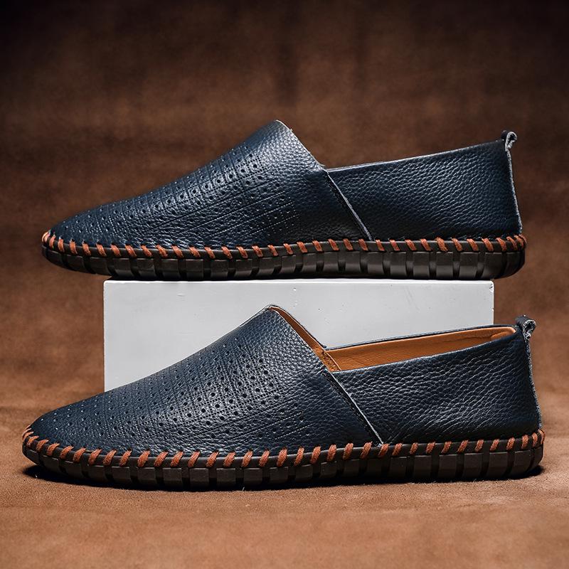 Men's Trendy European & American Slip-On Leather Casual Driving Shoes - Breathable Low-Top, Large Sizes Available