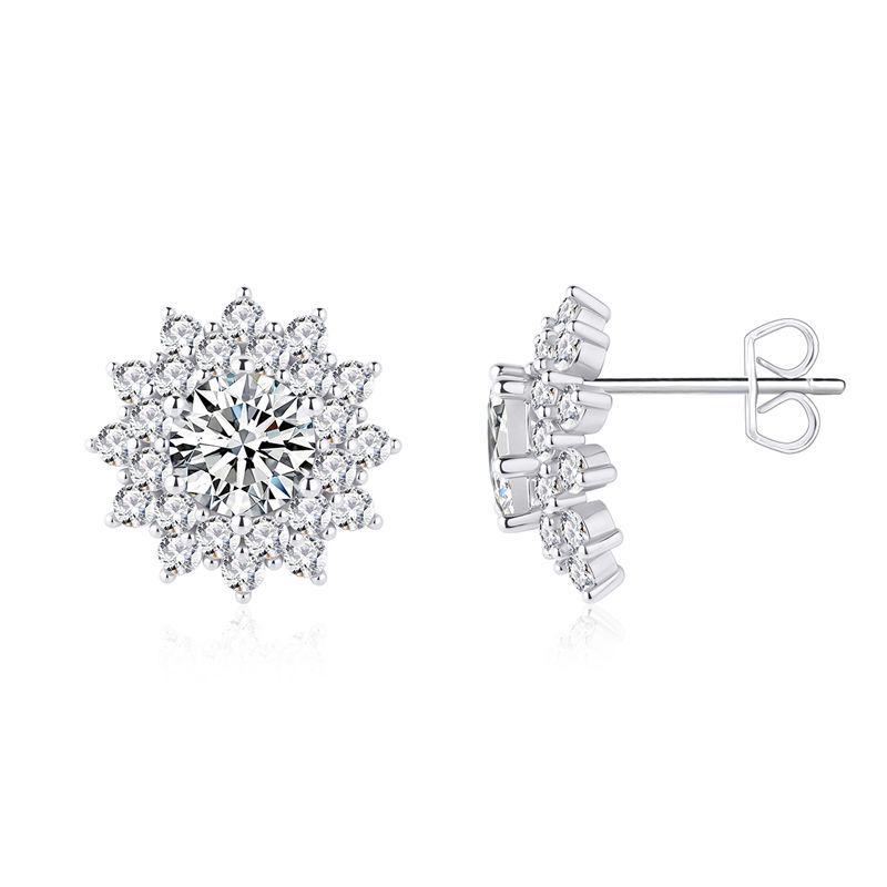 Double Layer Sunflower Moissanite Stud Earrings - Super Shiny 1 Carat Silver, Fresh Style Ear Ornaments 925 Silver