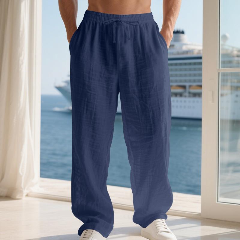 

Autumn Loose Men s Casual Home Linen Simple Sports Trousers for Men S темно-синього кольору