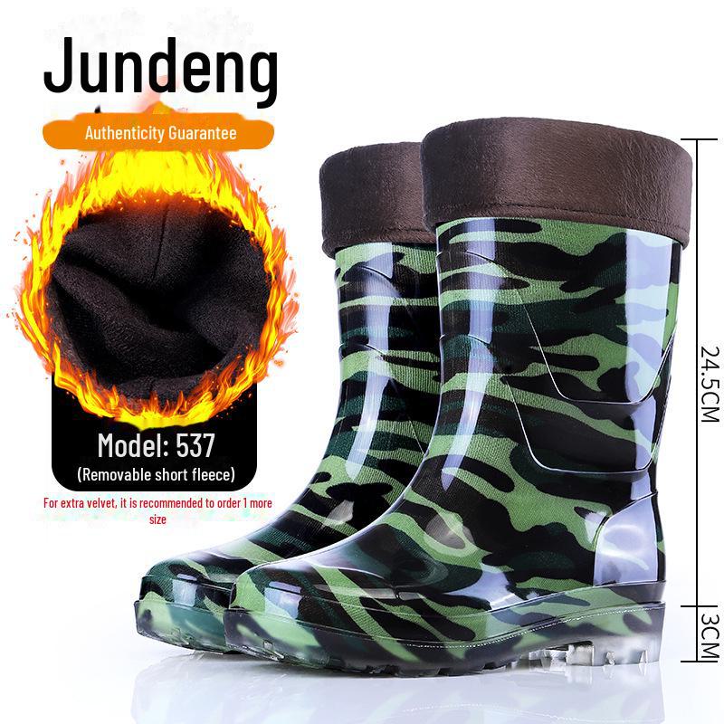Men's Camouflage Waterproof Rain Boots with Velvet Lining - High/Mid/Short-Top Rubber Shoes for Construction, Kitchen, and Fishing