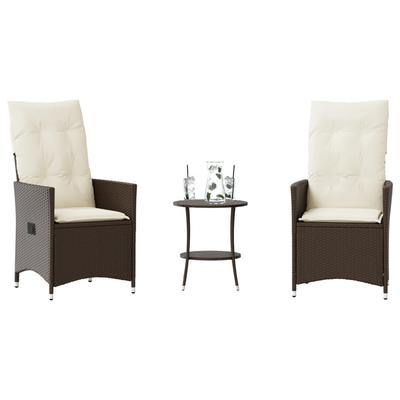 Vidaxl 3-Cz. Bistro Furniture Set with Cushions, Brown, Poly Rattan