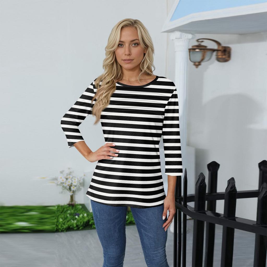 Women's O-neck 3/4 Sleeve Striped  Print Top