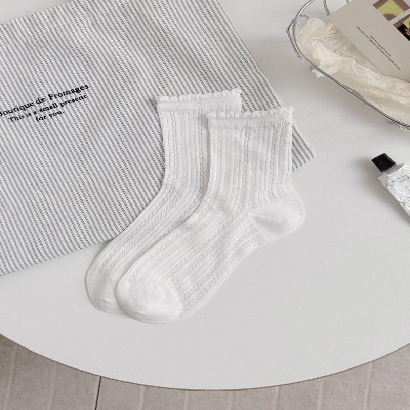 Women's Ballet-Style Mid-Calf Socks, Thin Hollow Mesh, Slouchy Korean JK Style, White Summer Socks