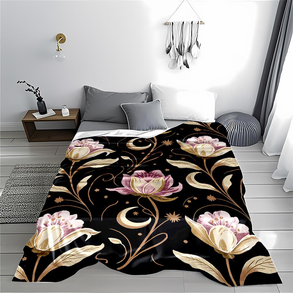 Floral Blanket with Pink Flowers, Moon, Star Pattern, Black Background Blanket, Suitable for Use In the Bedroom, Living Room, On the Sofa