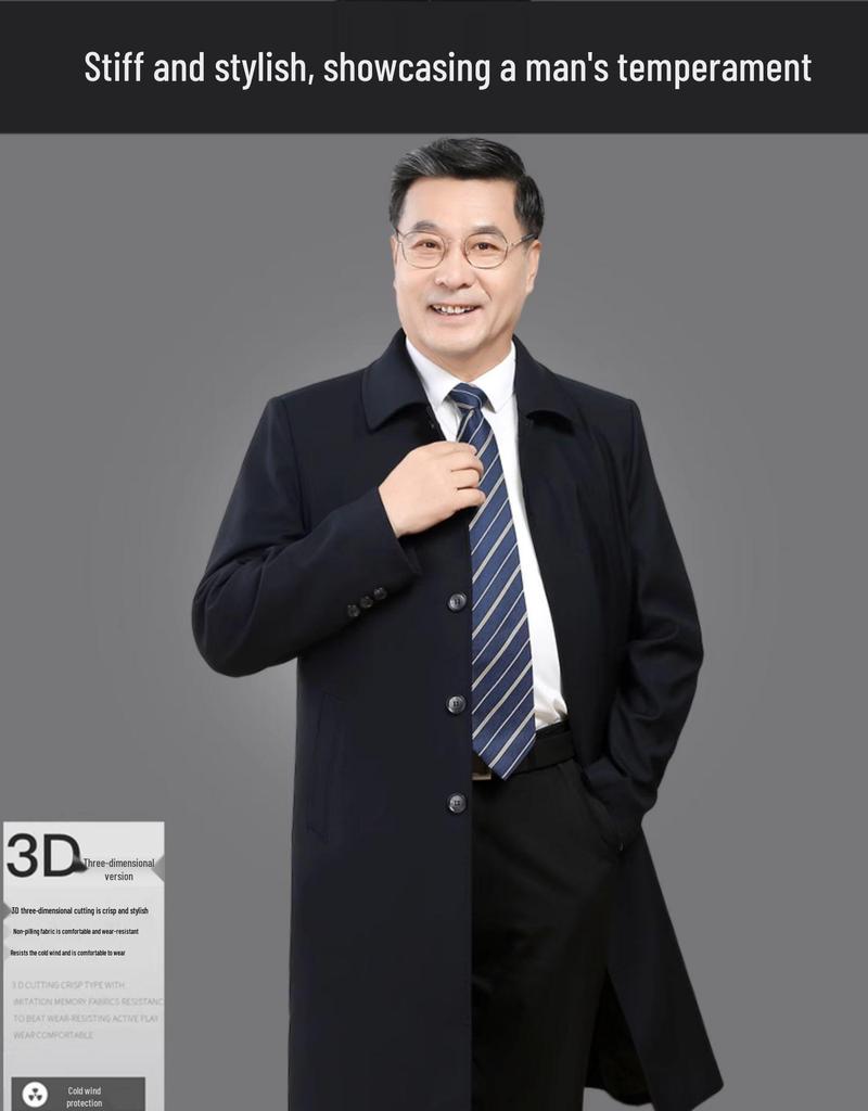 Men's Classic Car Trench Coat - Long Over-the-Knee Turn-Down Collar Outerwear for Middle-Aged and Elderly, Thickened for Spring, Autumn, and Winter.