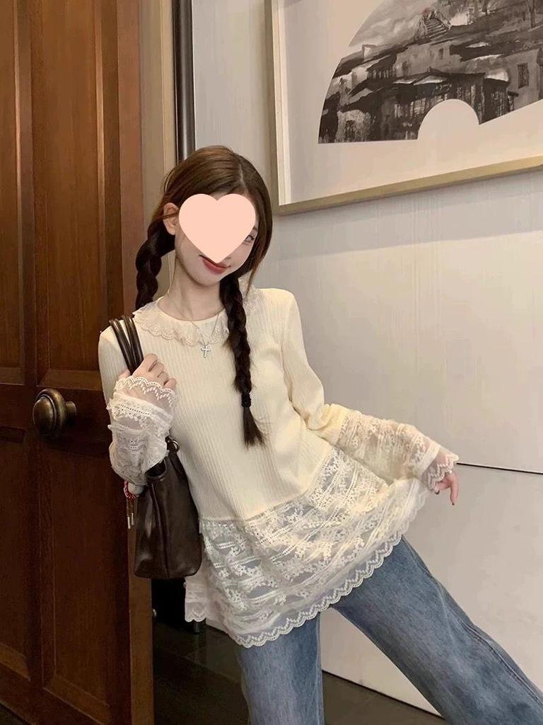 Women's Autumn Lace Base Long Sleeve Spliced Hem Shirt