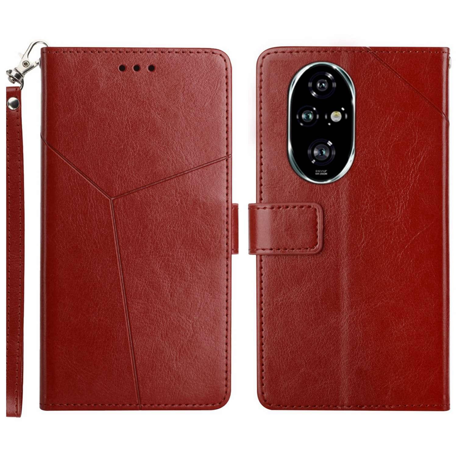 

For Honor 200 Pro 5G Case with Wrist Strap Y Shaped Lines Imprint Leather Phone Cover Brown