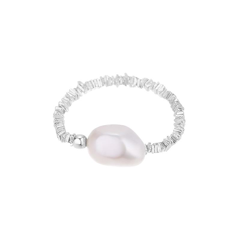 Cui Yan S925 Sterling Silver Natural Pearl Korean Style Color Block Elastic Ring for Women