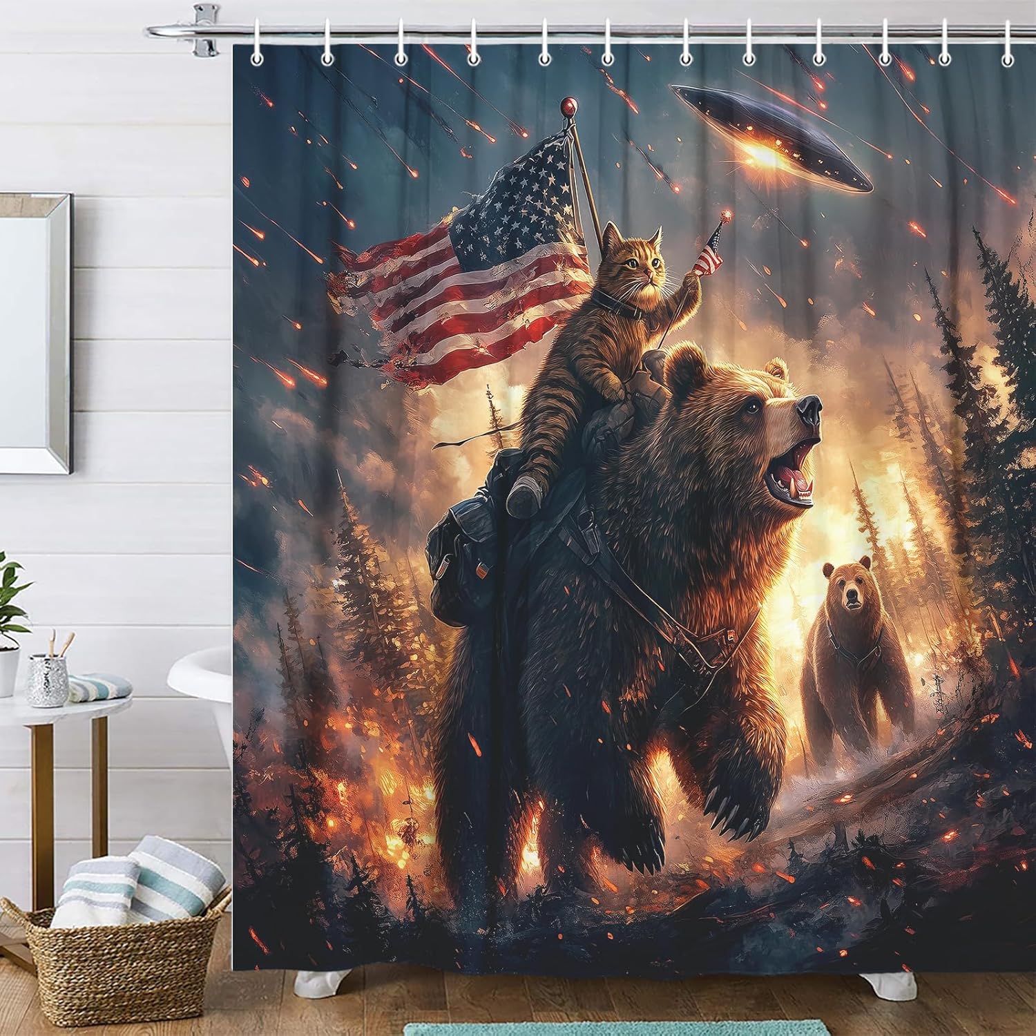 

Funny Bear Printed Shower Curtain Cool Cat Riding Bear Forest Woodland Ufo For Bathroom Decor W60H190(CM)-1 Pcs