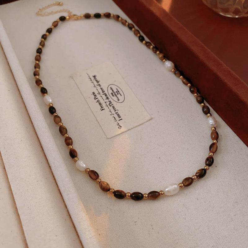 

Ретро намисто з тигрового ока - Коричневий круглий кулон для осінньо-зимової моди, Жіночий елегантний ланцюжок для светра у французькому стилі