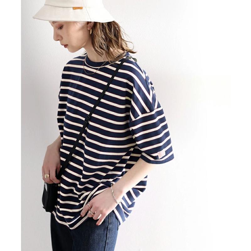 DIMANAF 2025 Summer Plus Size Women T-Shirts Stripe Elegant Short Sleeve Tops Tees Loose Cotton Shirt