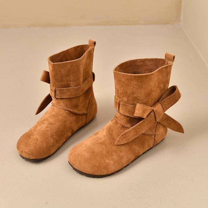 Retro lace-up round head soft bottom short tube women's autumn and winter new flat-bottomed pleated short boots
