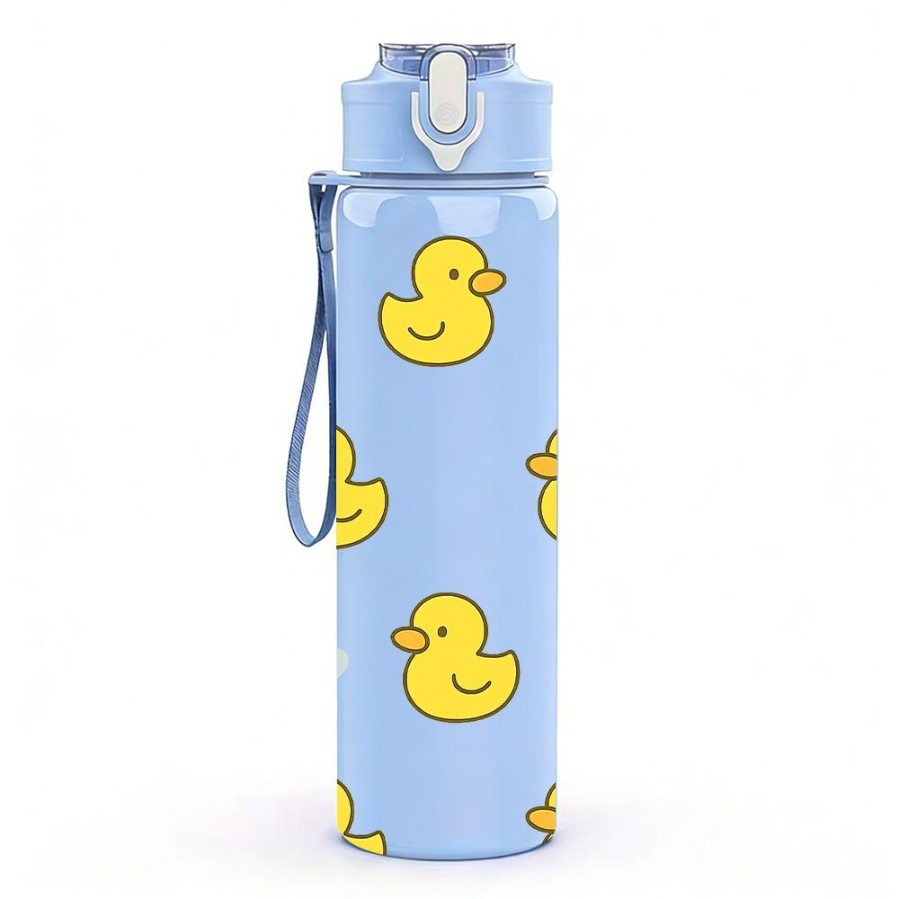 1PC Yellow Rubber Duck Pattern 750ml Color Plastic Sports Water Bottle Leakproof Flip Straw Lid Suitable for Sports Office Home Use