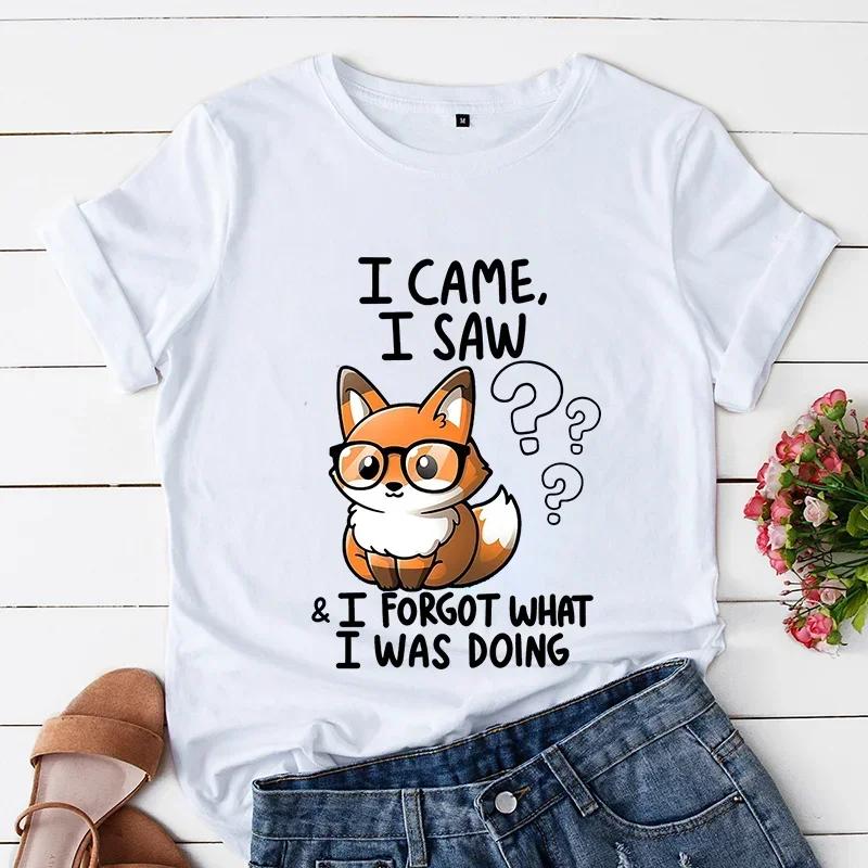 Fox I Came I Saw Cute T-Shirts Women's Summer Clothing Pets Animals Tops Cartoon Fox Cotton Fashion Tees Vintage Female T-Shirts