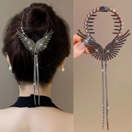 Lady Ponytail Claw Wings Shape Shiny Rhinestone Faux Pearl Long Tassel Multi Teeth Stainless Hair Decoration Lightweight Bridal Hair Bun Hair Card