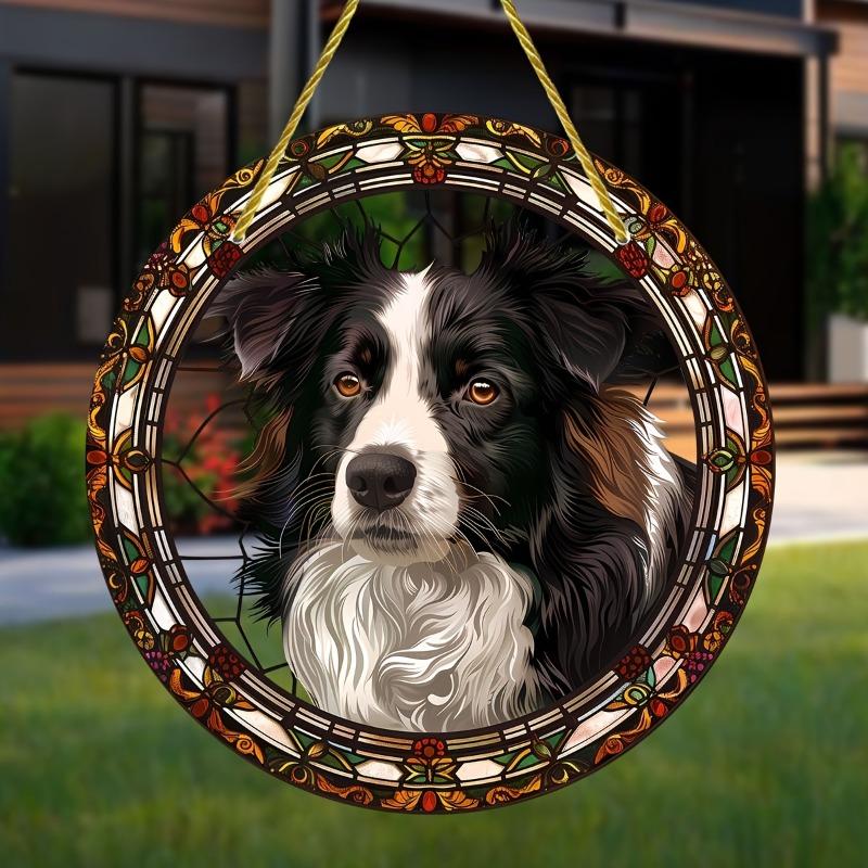 2D Flat Acrylic Border Collie Stained Glass Style Sun Catcher,Round Acrylic Window Hanging Decoration, Animal Theme, Home Decor for Living Room Office