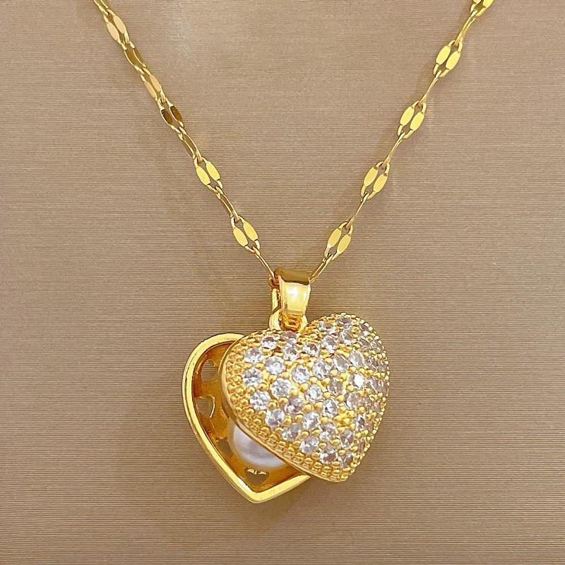 Moderna y Lujosa Cadena para Clavícula de Acero Inoxidable, Personalizable y Versátil, con Colgante de Ostra y Perla en Forma de Corazón de Melocotón