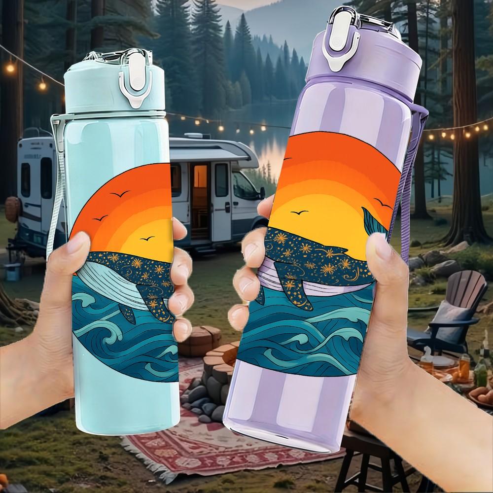 1PC Sunset Whale Ocean Print 750ml Color Plastic Sports Water Bottle Leakproof Flip Straw Lid Suitable for Sports Office Home Use
