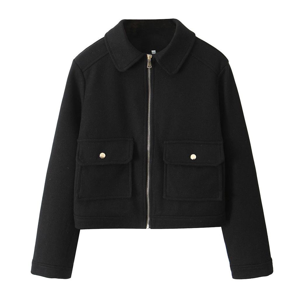 TAOP&ZA Early Spring Soft Jacket with Zipper Detail and Turn-Down Collar, Long Sleeve, Short Outerwear