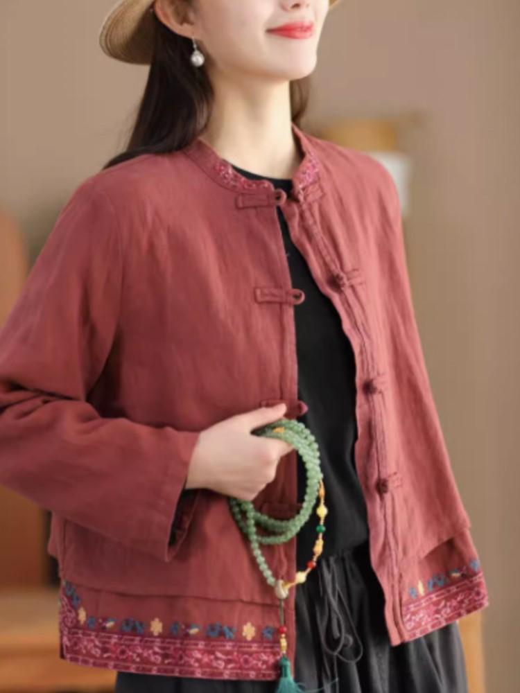 

Johnature женские куртки с цветочной вышивкой и длинными рукавами-стойкой, весенние однотонные куртки в китайском стиле на пуговицах One Size красный