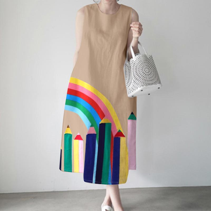 ZANZEA Lässiges ärmelloses Sommerkleid mit O-Ausschnitt und Druck für Damen