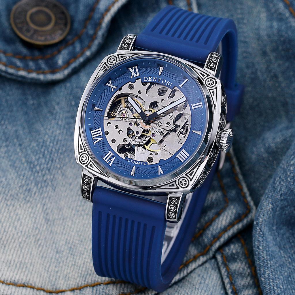 Fully Automatic Mechanical Watch Square Transparent Bottom Watch Men's Mechanical Night Light Men's Hollow Silicone Tape Watch