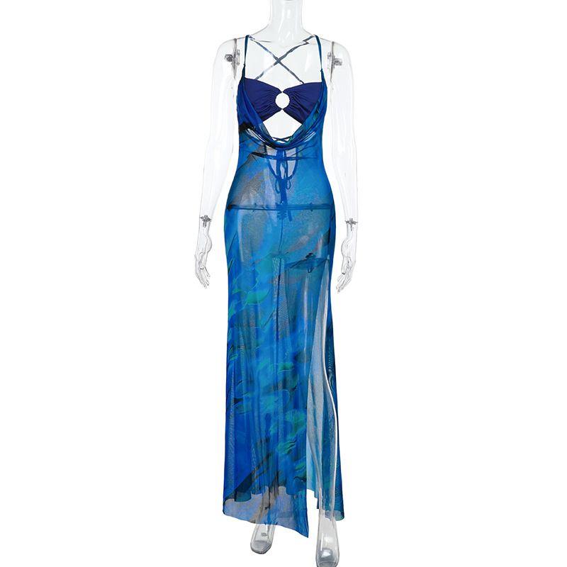 

Cnyishe Holiday Style Hollow-out High Slit Flattering Dress Sexy Gyaru Slightly Transparent Sneaky Design Suspender Dress Blue L