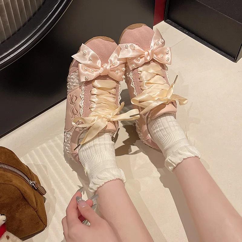 

Кожаная версия Маленькие балетки Декин Женская повседневная спортивная обувь с бантом-бабочкой Резиновая подошва Удобный средний каблук 40 розовый