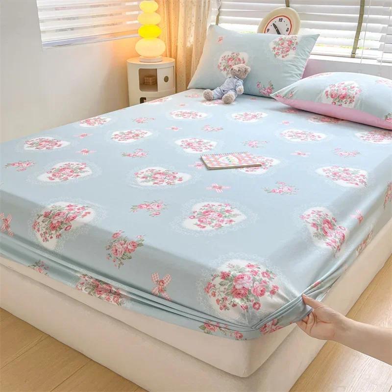 Kawaii Bear and Rabbits Printed Fitted Sheet Set Pure Cotton Cartoon Animals Mattress Cover for Kids Boys Girls Bedroom Decor