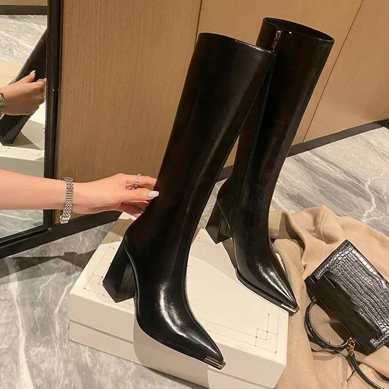 Spitze Damen Hohe Stiefel Mode Seitliche Reißverschlüsse Lange Stiefeletten Damen Elegante Party High Heel Schuhe Winter Damen Schuhwerk